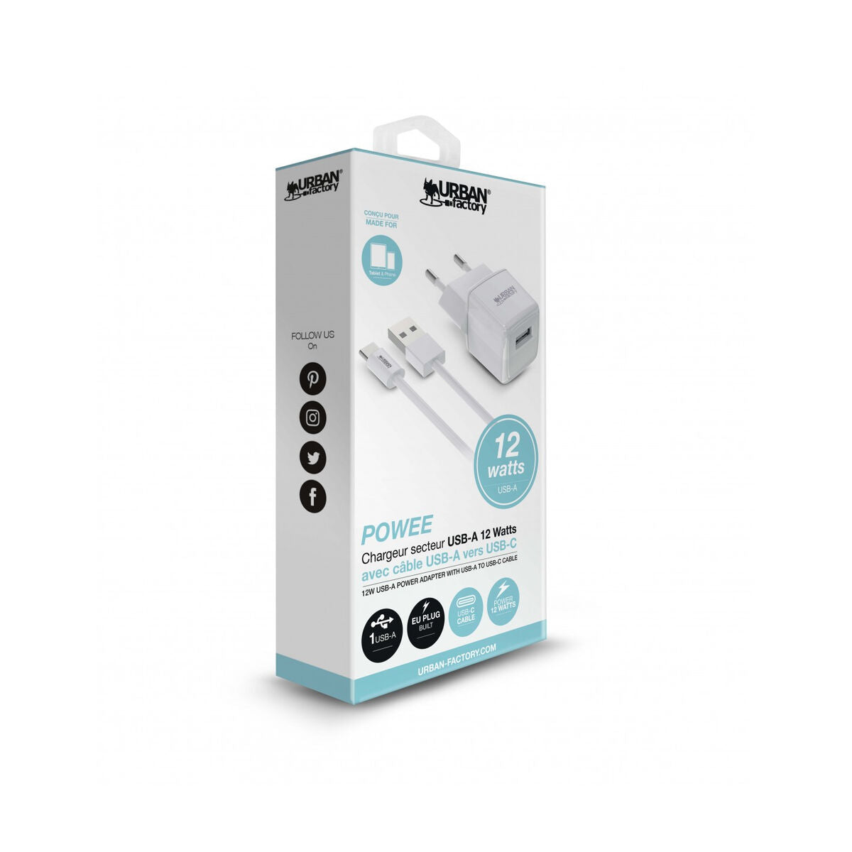 Chargeur mural + USB-C Cable Urban Factory PSC25UF blanc 12 W