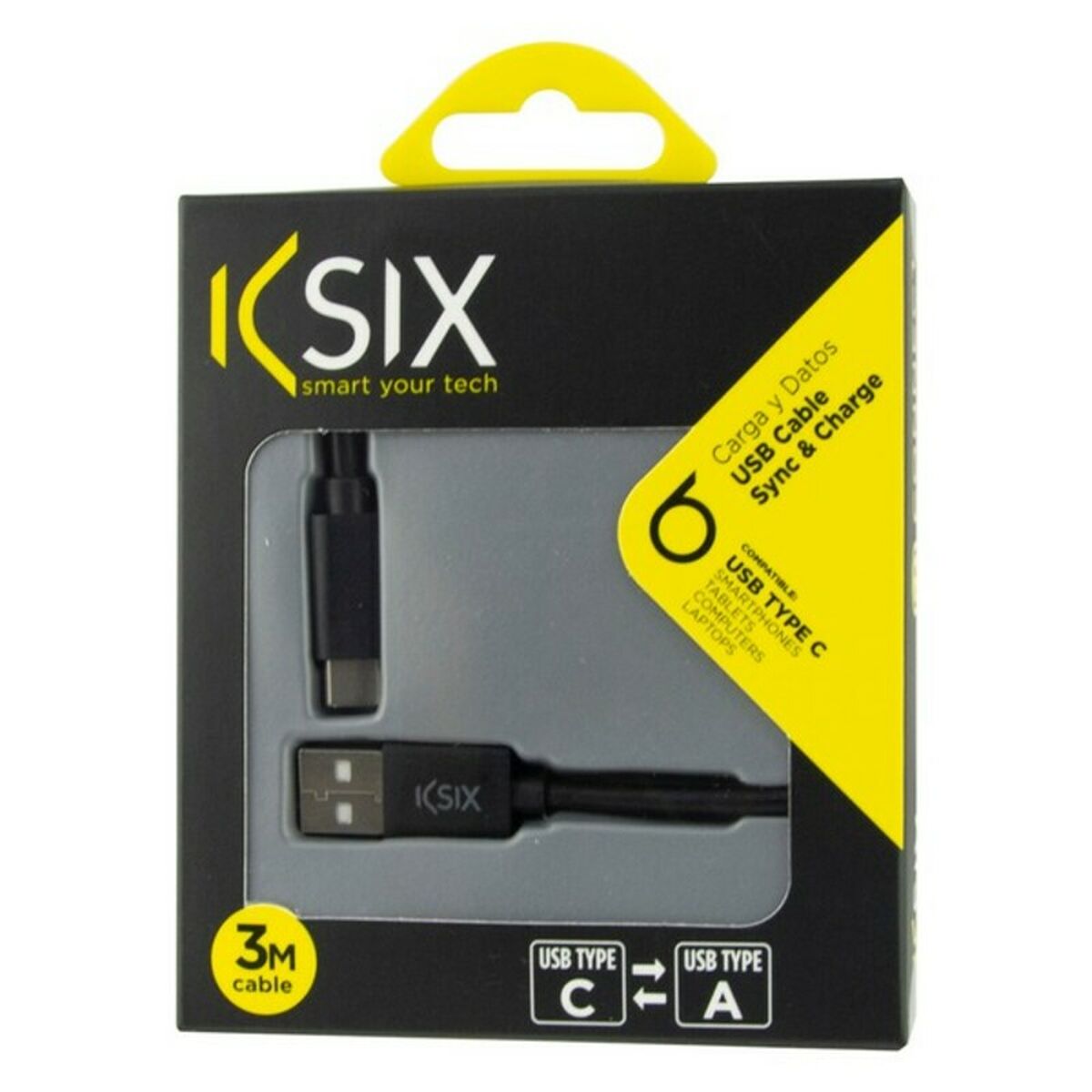USB-C-kabel til USB Ksix 3 m svart