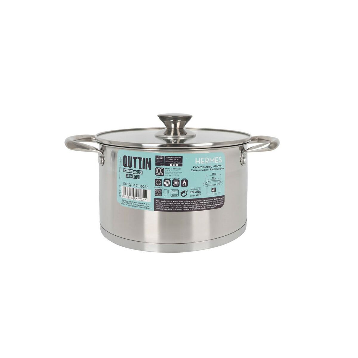 Pot avec couvercle en verre Quttin Hermes Steel 4 L (4 unités)