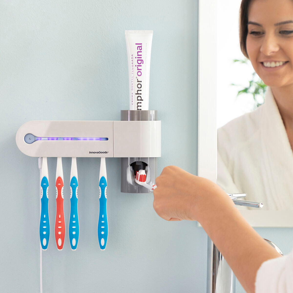UV zubní kartáček sterilizátor se stojanem a dávkovač zubní pasty Smiluv Innovagoods