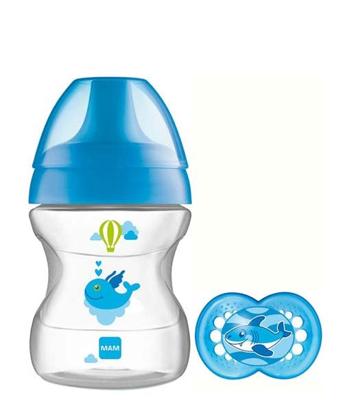 MAM 190ml Feeding Bottle with teet – learn to Drink Cup 6+ months -Blue